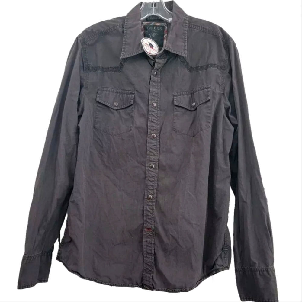 GUESS 1981 Dress Shirt Top Brown Snap Button Up 100% Cotton Men's Large EUC